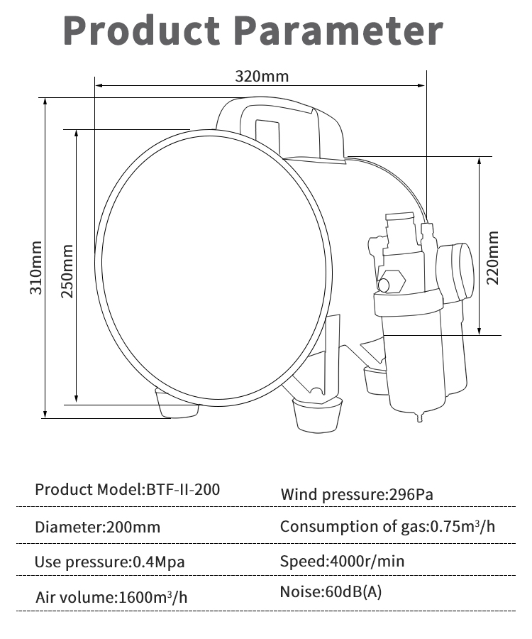 BTF-II-2000 폭발 방지 공압 축 흐름 팬